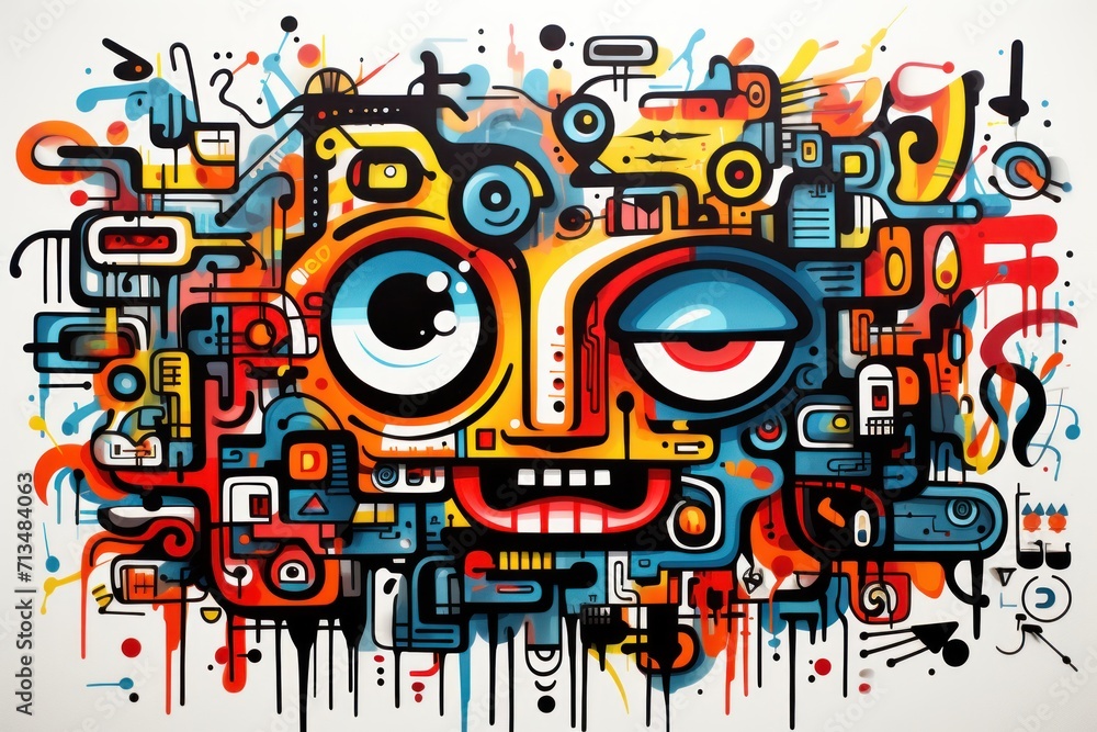 Poster a painting of a face with a lot of different colors and shapes in the center of the face is a face w