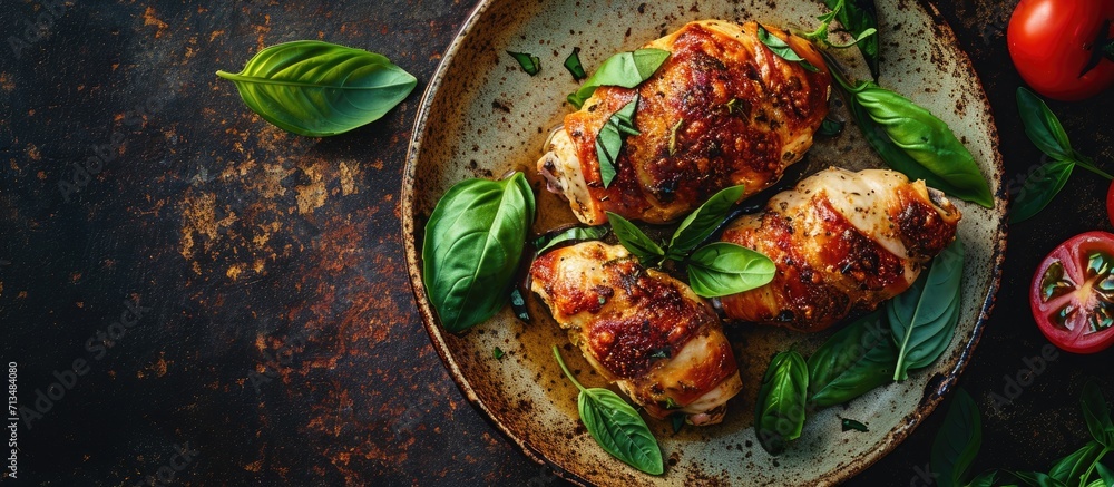 Poster baked chicken rolls with basil and cheese on plate healthy lunch keto diet top view above. copy spac