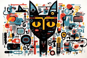  a black cat with yellow eyes sitting in front of a bunch of different shapes and sizes on a white background.