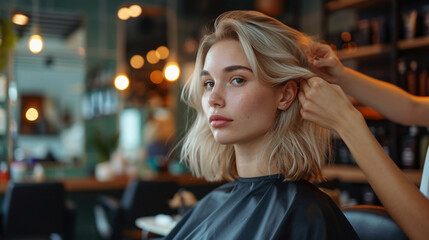 Beautiful blonde woman in hairdresser, close up portrait