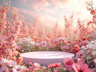 Dreamy Sunset Podium amidst Blossoming Pink Flowers
