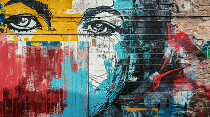 Abstract colorful fragment of graffiti on old brick wall with face. Street art. Grunge messy street background - obrazy, fototapety, plakaty