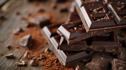 chocolate bars, milk chocolate slices, and choco chips on a dark background with copy space, top...