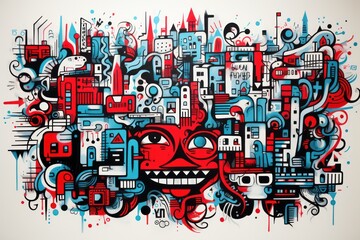  a painting of a city with lots of red, blue, and white buildings and a face in the middle of the painting.