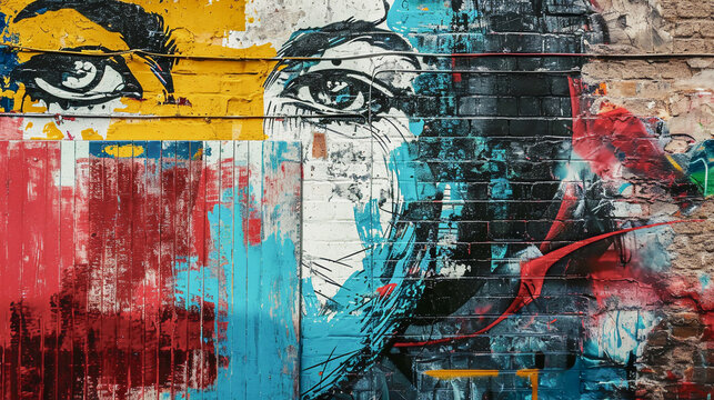 Abstract colorful fragment of graffiti on old brick wall with face. Street art. Grunge messy street background