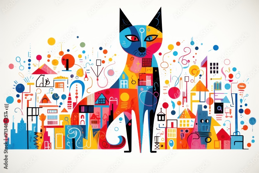 Aufkleber a cat sitting in front of a city filled with lots of different shapes and sizes of buildings and sha