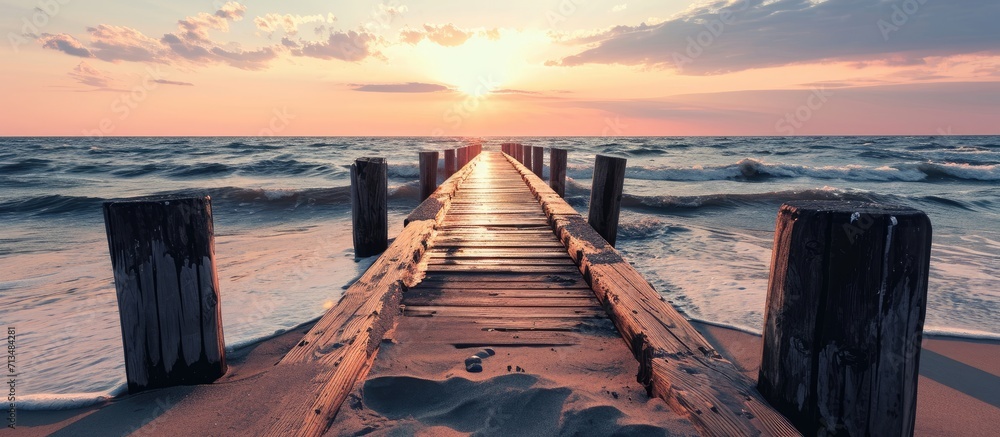 Poster beautiful sunset at the wooden jetty at the beach. copy space image. place for adding text or design