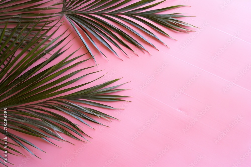 Aufkleber a close up of a palm leaf on a pink background with a place for a text or an image to put on it.