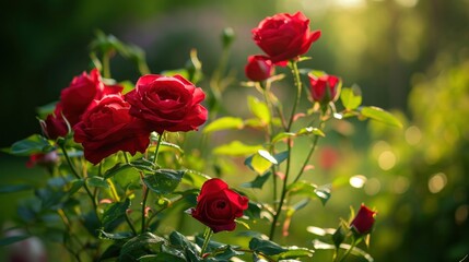 Red roses bloom in the summer in the country garden