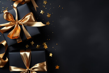 black gifts boxes with gold ribbons background, frame for congratulations. Copy space for text