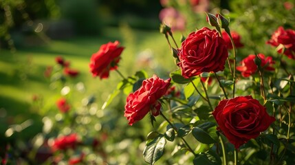 Red roses bloom in the summer in the country garden