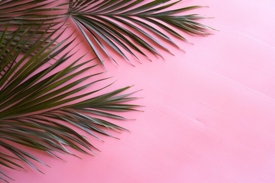  a close up of a palm leaf on a pink background with a place for a text or an image to put on it.