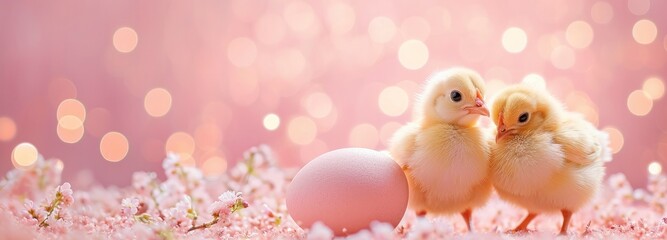 Obraz na płótnie Canvas Two spring chicks and a easter egg on a bokeh background