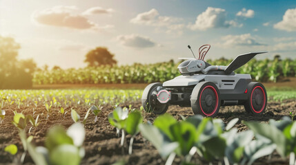 Agricultural robot and autonomous vehicles working on smart farm. Future 5G technology with smart agriculture farming concept. Agricultural robots. worker robots