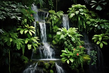  a waterfall surrounded by lush green plants and a red flower in the center of the waterfall is surrounded by lush green plants and a red flower in the center of the waterfall.