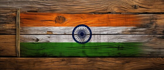 Top view of indian flag on wood texture