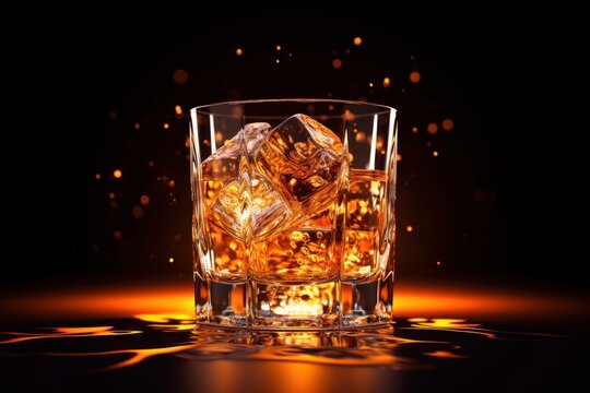  a glass of whiskey with ice cubes on a dark background with a splash of light from the top of the glass.