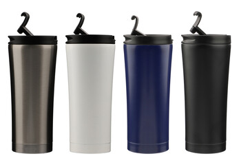 Thermos collection, top view, isolated background. Thermoses in different colors and similiar...