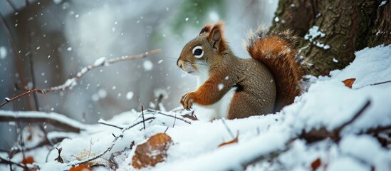 A fluffy squirrel in a winter forest sits on a white clean snowdrift. Copy space image. Place for adding text or design