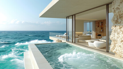 Luxurious bathroom in a modern coastal home with infinity pool merging into the sea.