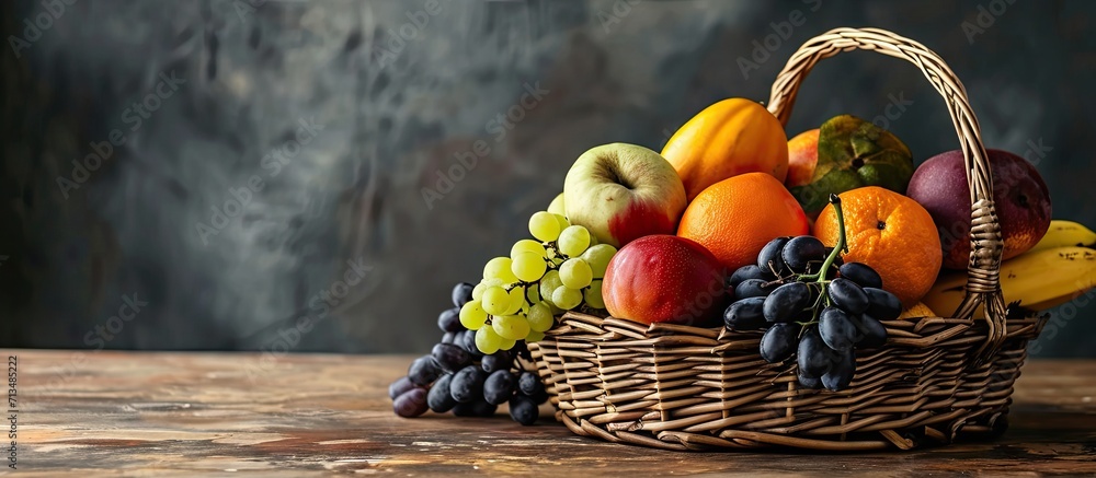 Poster Assortment of exotic fruits in basket isolated on white. Copy space image. Place for adding text or design