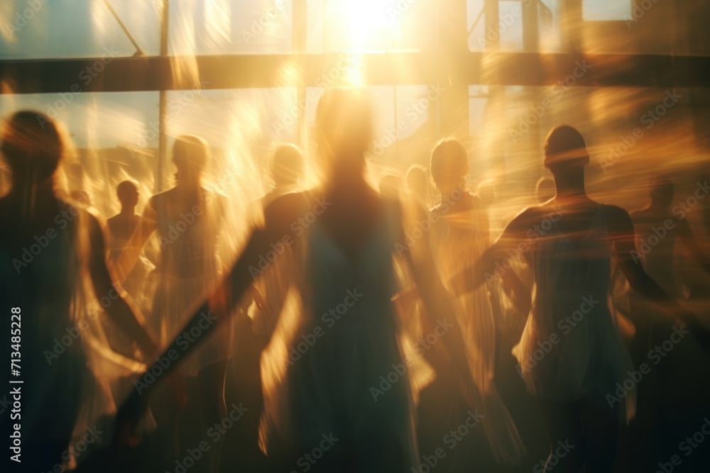 Poster a blurry image of a group of people standing in front of a window with the sun shining on them.