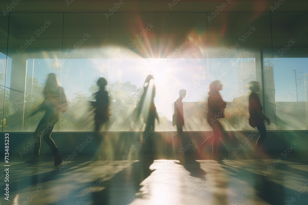 Poster a group of people standing in front of a window with the sun shining through the window and their sh