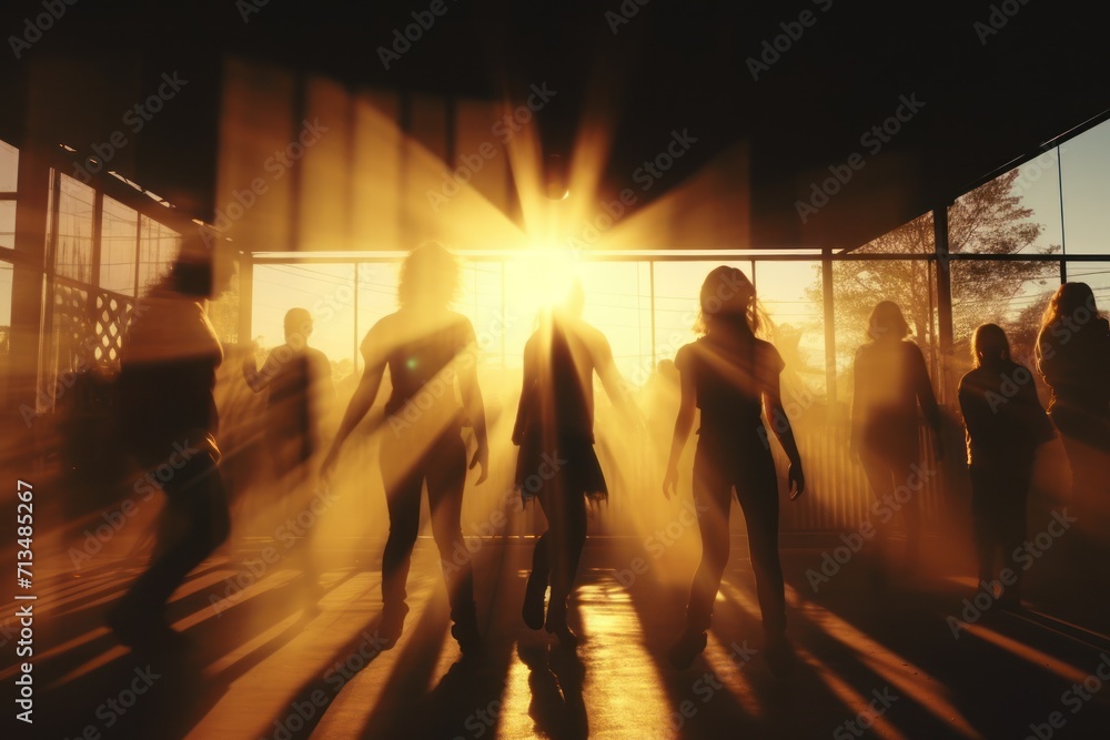 Poster a group of people standing in a room with the sun shining through the window and casting shadows on 