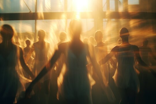  a blurry image of a group of people standing in front of a window with the sun shining on them.