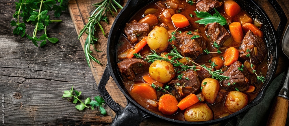 Aufkleber Beef meat stewed with potatoes and carrots in cast iron pan close up view. Copy space image. Place for adding text or design