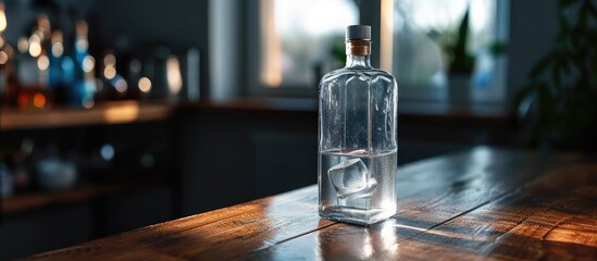 Alcohol gel in a clear plastic bottle on the desk. Copy space image. Place for adding text or design