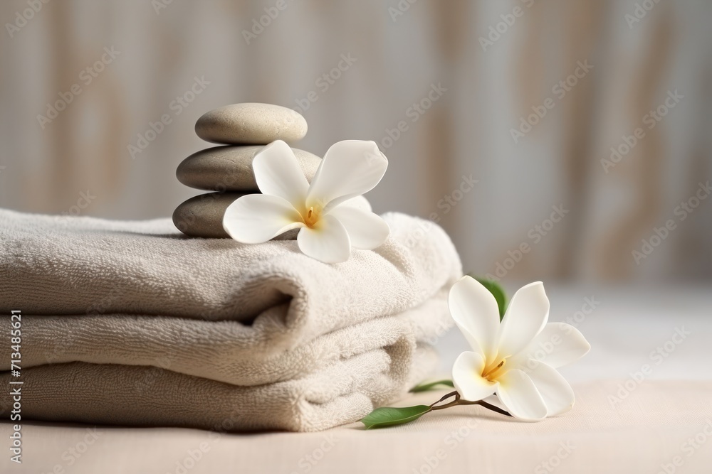 Poster a stack of towels with a flower on top of it and a stack of stones on top of each other.