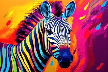 Fototapeta na wymiar a colorful painting of a zebra's head with multi - colored paint splattered on it's face.