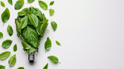 Eco-friendly light bulb with green leaves on white background. Green ecology and renewable energy resources