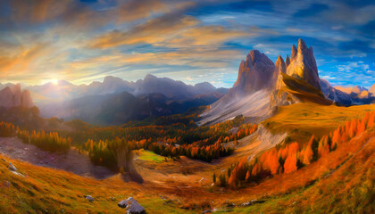 Krajobraz górski, panorama jesienna w górach i zachód słońca - obrazy, fototapety, plakaty