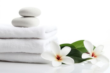  a stack of white towels sitting next to a pile of white towels with white flowers on top of them and a stack of white towels on top of white towels.