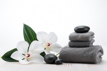 a pile of towels sitting next to a pile of black stones and a white flower on top of a wooden table.