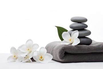 Obraz na płótnie Canvas a towel with white flowers on top of it next to a pile of rocks and a towel with white flowers on top of it.