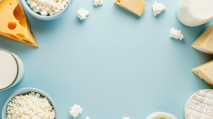 A variety of dairy products and cheeses spread on a blue background with copy space.