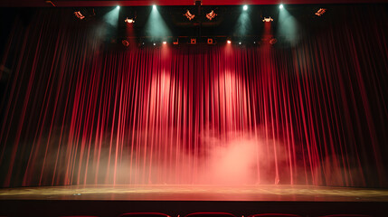 Mini concert school theater with red curtain and stage lights, stage spotlight on stage - obrazy, fototapety, plakaty