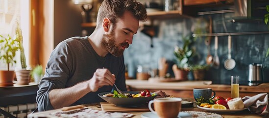 A man eating a healthy morning meal breakfast at home Fit lifestyle. Copy space image. Place for adding text or design - obrazy, fototapety, plakaty
