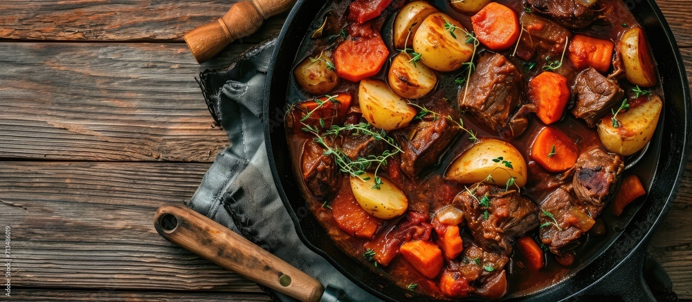 Poster Beef meat stewed with potatoes and carrots in cast iron pan close up view. Copy space image. Place for adding text or design