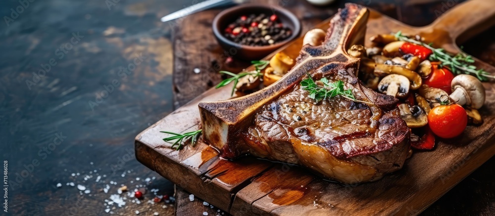 Poster Barbecue Tomahawk Steak with Mushrooms on Cutting Board. Copy space image. Place for adding text or design