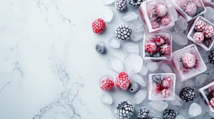 Frozen raspberries and blackberries in ice cubes on a marble surface.