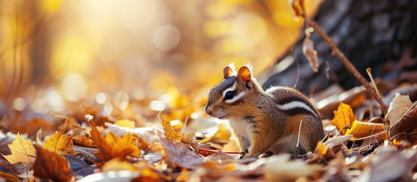 Adorable Eastern Chipmunk stands up and faces front in Autumn scene. Copy space image. Place for adding text or design