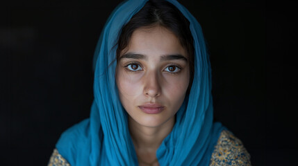 Naklejka premium Portrait of a sad muslim woman in hijab. Face of an Arab girl looking at the camera.