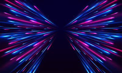 Panoramic high speed technology concept, light abstract background. Neon stripes in the form of drill, turns and swirl. Image of speed motion on the road.