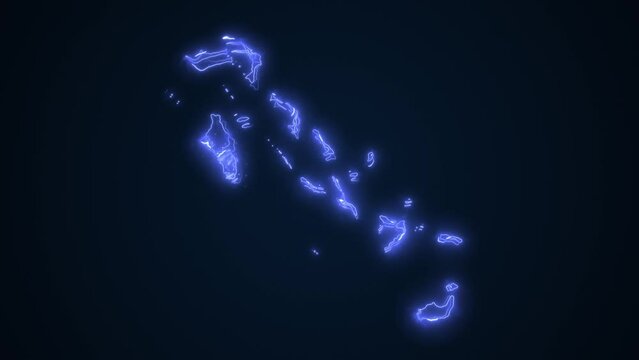 3D Moving Neon Blue Bahamas Map Borders Outline Loop Background. Neon Blue Colored Bahamas Map Borders Outline Seamless Loop Dark Background. Bahamas Neon Map Borders Outline