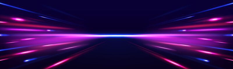 Fototapeta premium Abstract neon light rays background. A colorful motion background of city light trails. Vector speed of light in space on dark background. 