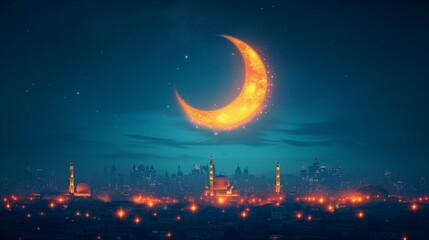 Enchanting crescent moon over illuminated cityscape at night